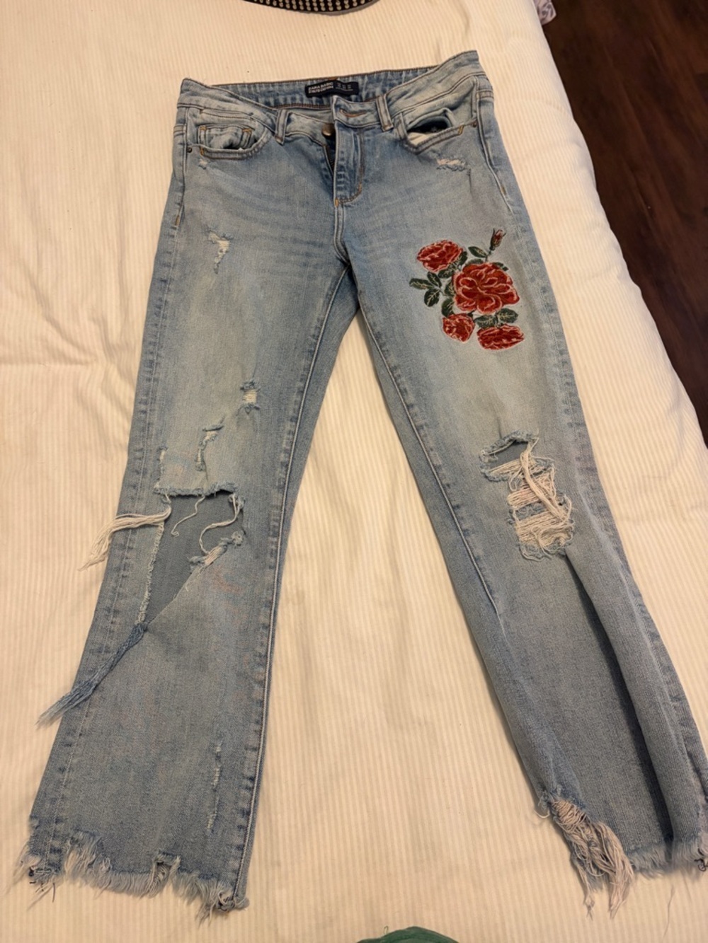 Zara Light Wash Flare Jeans with Red Rose Embroidery